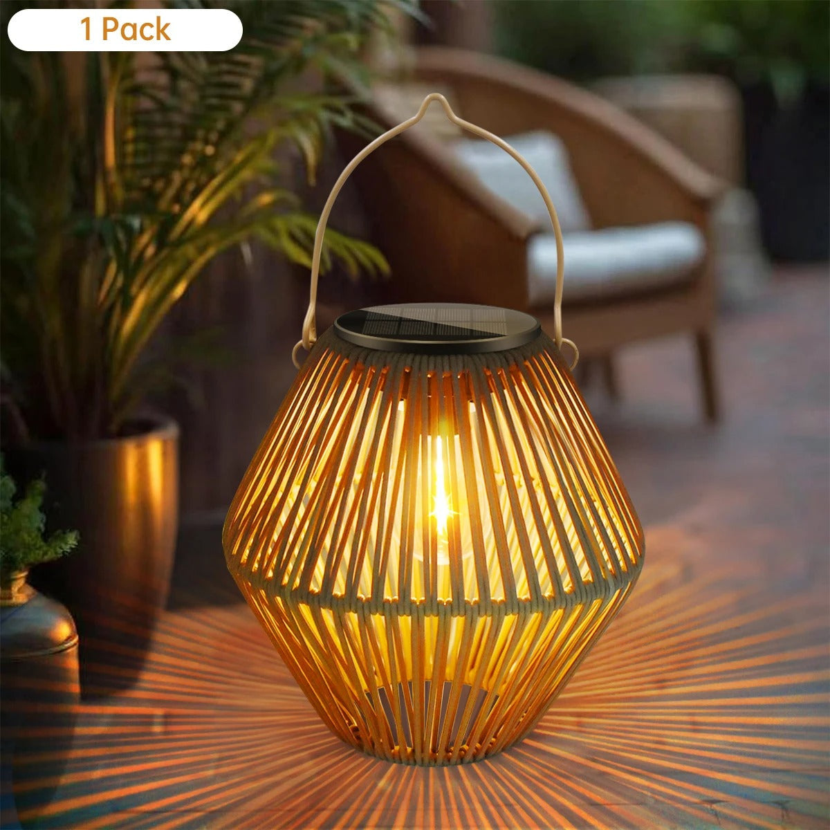 Round rattan boho solar lantern glowing warm on patio