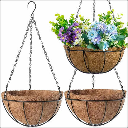 Wire hanging basket with coconut liner garden plant holder