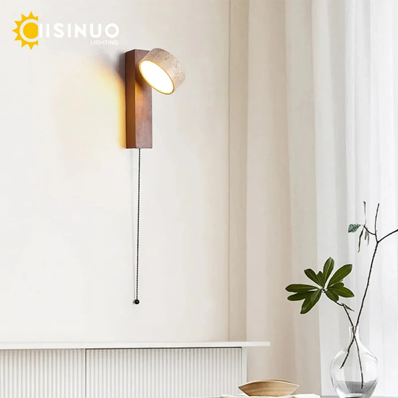 Wall Light | Travertine Stone Bedside Wall Lamp with Pull Cord for Bedroom, Hallway & Living Room | Rotating Wabi Sabi Sconce, Walnut or Natural Wood