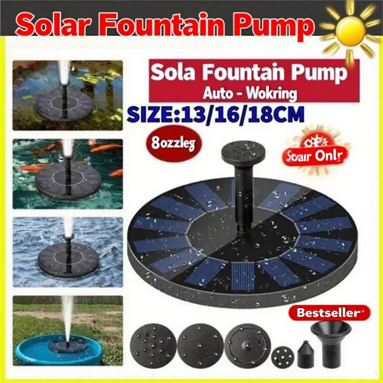 Solar fountain pump floating bird bath pond water feature