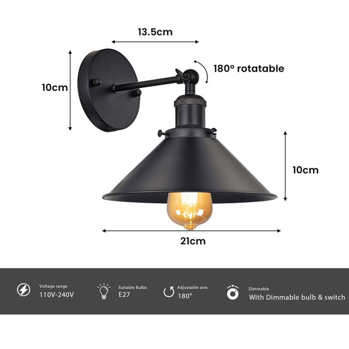 Matte black industrial cone wall light features