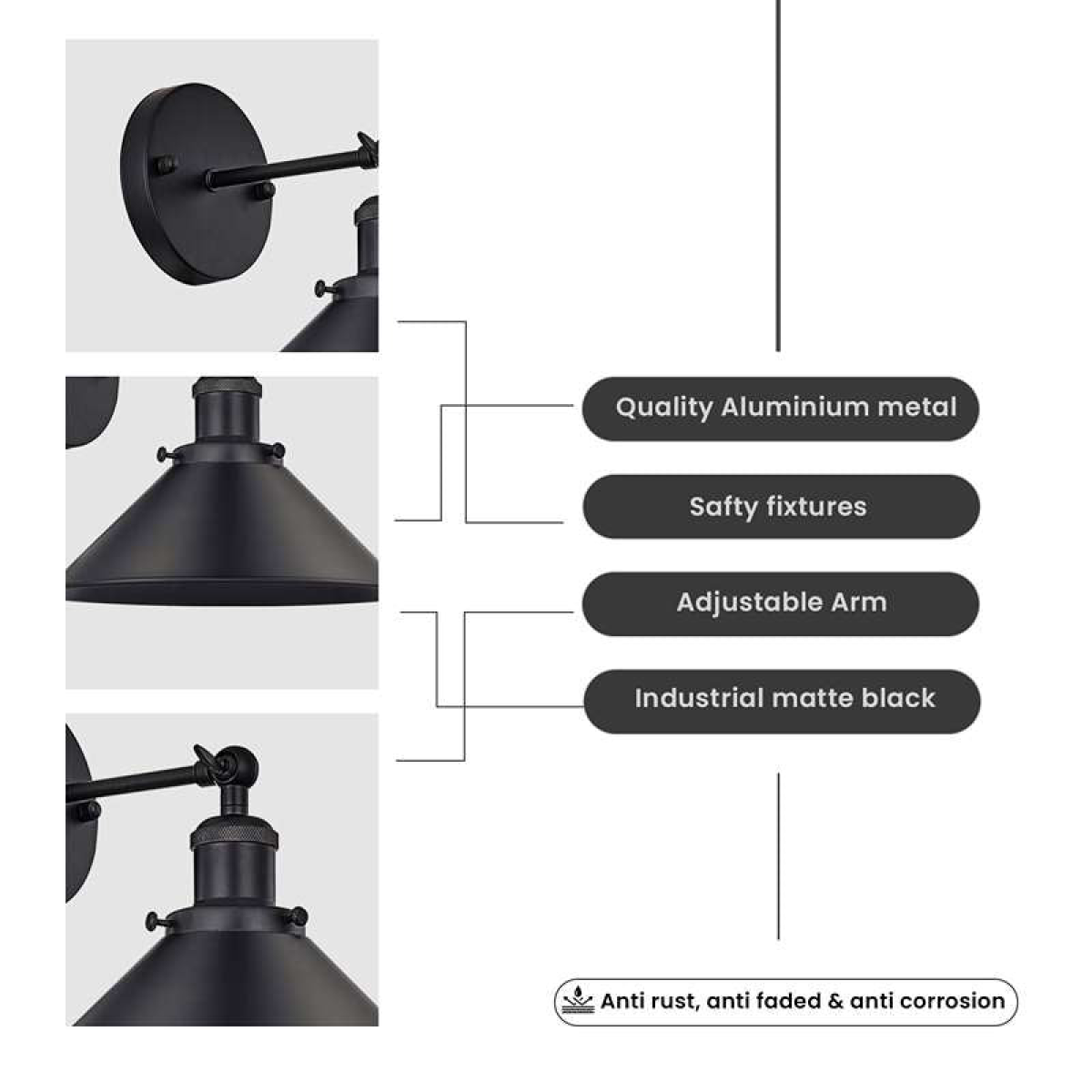 Matte black industrial cone wall light in a living room