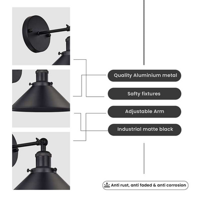 Matte black industrial cone wall light in a living room