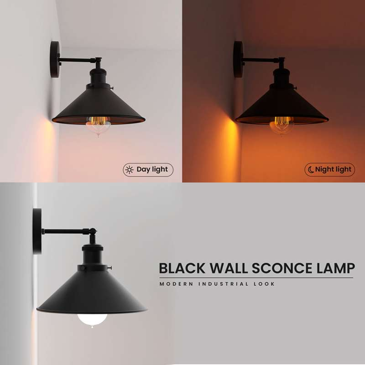 Matte black industrial cone wall light lit warm