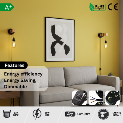 Plug-in wooden rope wall light dimensions