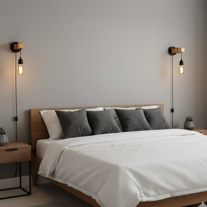 Plug-in wooden rope wall light lit
