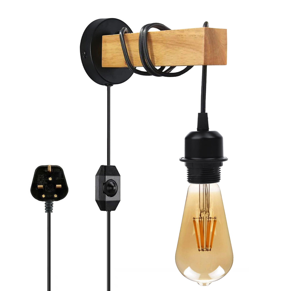 Plug-in wooden rope wall light in a bedroom
