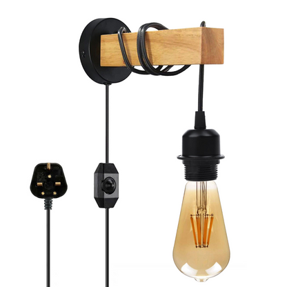 Plug-in wooden rope wall light in a bedroom