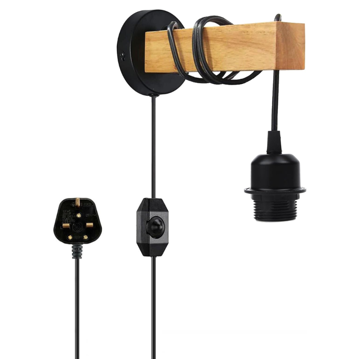 Plug-in wooden rope wall light with UK plug