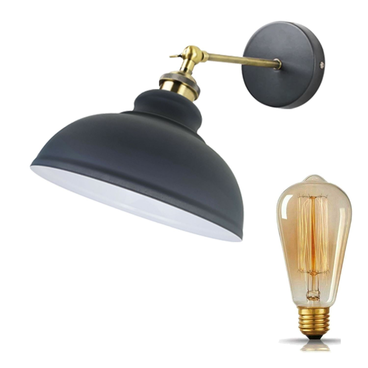 Vintage industrial dome wall light lit above a desk