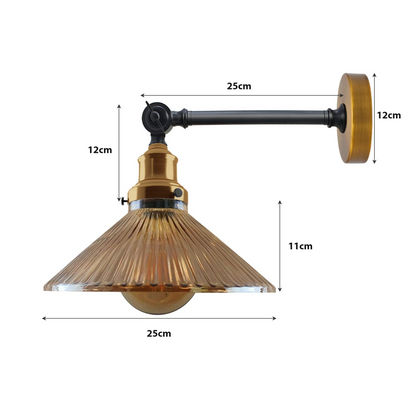 Ribbed amber glass cone wall light, side view