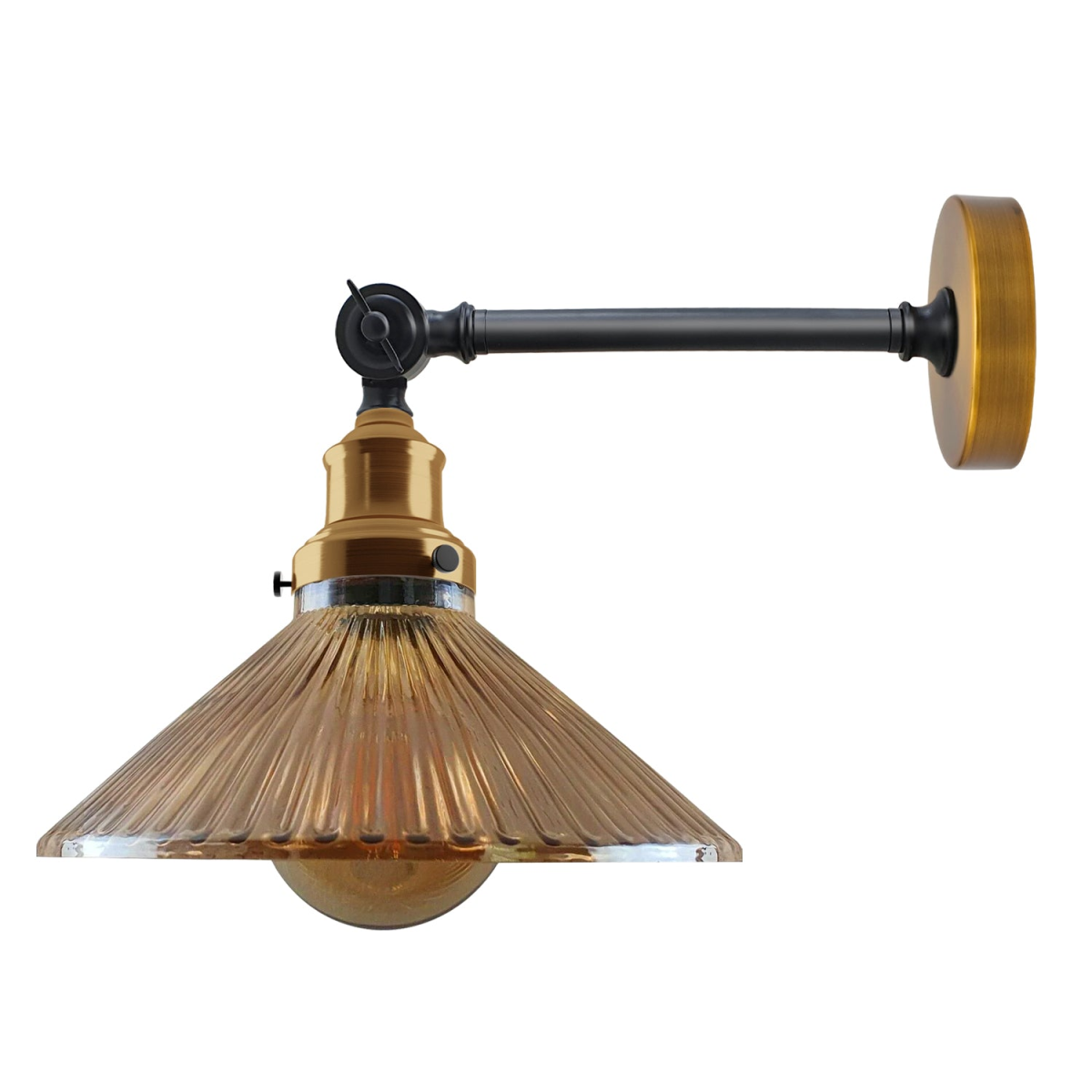 Ribbed amber glass cone wall light, brass holder