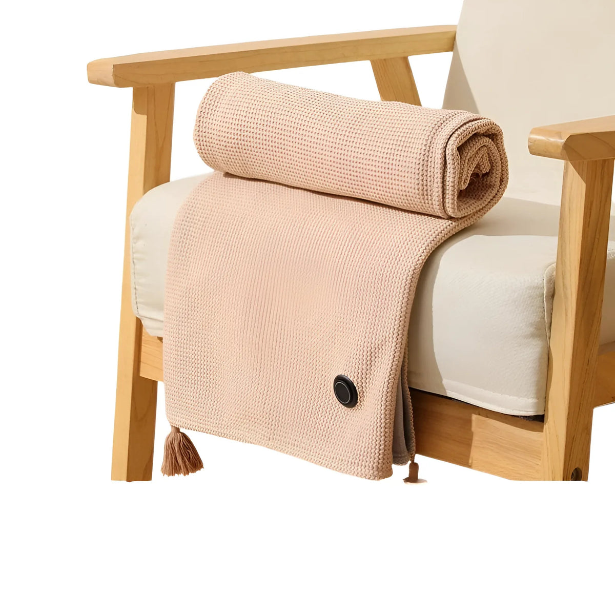 Heated throw blanket rolled and resting on a wooden armchair