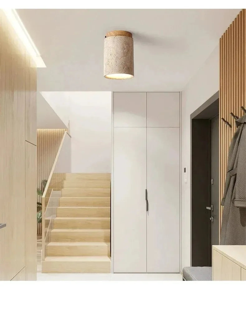 Wood Ceiling Light | Travertine & Walnut LED Downlight for Hallway, Porch & Living Room | Japandi Surface Mounted Spotlight E27, Tall or Short