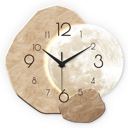 Silent Wall Clock | Moon Design Wooden Frame for Living Room