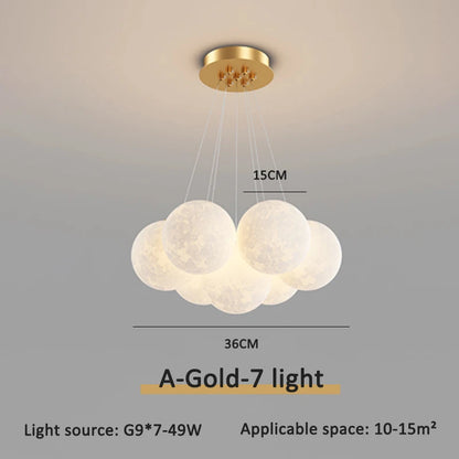 Gold flush mount moon chandelier, 7 moons with 15cm globes, 36cm cluster