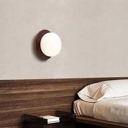 Wooden Wall Light | Round Milky Glass & Wood Wall Lamp for Bedside, Hallway & Stairs | 3 Colour Temperature LED G4, Walnut or Natural, Ø17.5cm