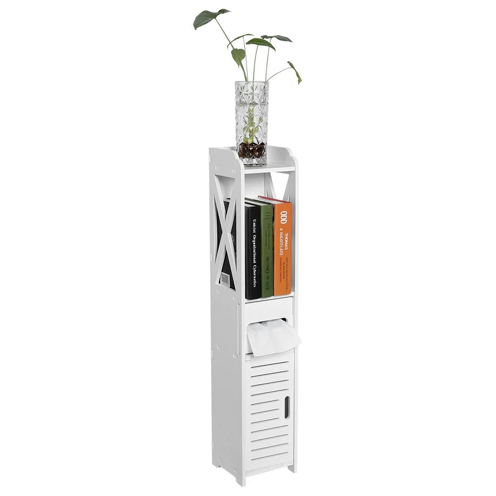 Slim storage cabinet white wood bathroom installed setting