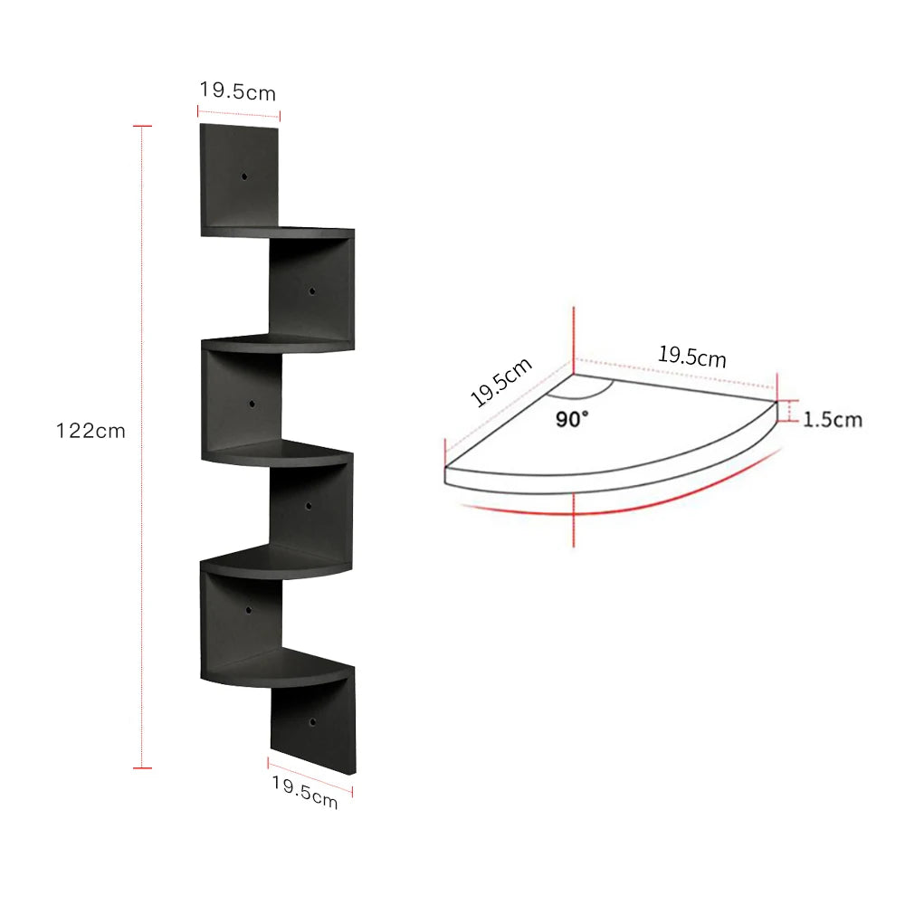 Corner Wall Shelf | Zigzag Floating Bookshelf 5-Tier Wood