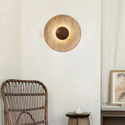 Stone Wall Light | Natural Travertine Sconce with Wood Arm for Bedroom, Hallway & Stairs | Wabi Sabi Bedside Wall Lamp Ø25cm, Warm LED