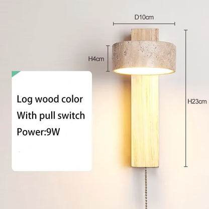 Wall Light | Travertine Stone Bedside Wall Lamp with Pull Cord for Bedroom, Hallway & Living Room | Rotating Wabi Sabi Sconce, Walnut or Natural Wood