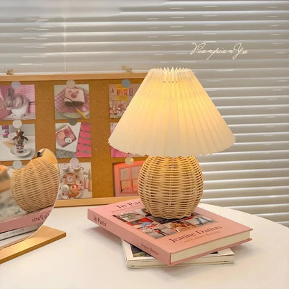 Rattan Table Lamp | Boho Rattan Ball Bedside Lamp with Pleated Fabric Shade for Bedroom, Living Room & Nursery | USB, Warm White or 3-Colour