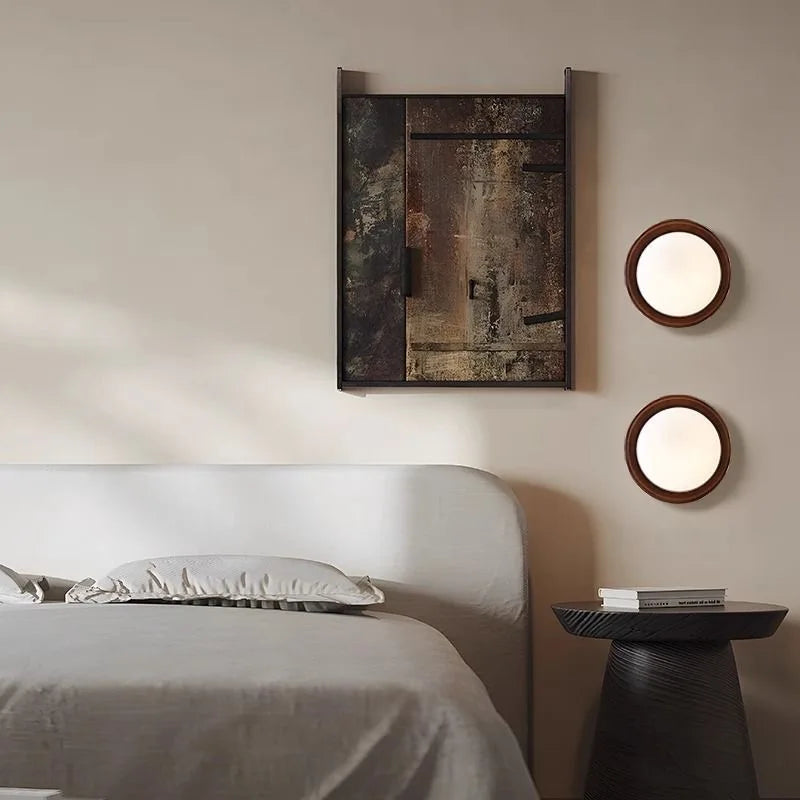Wooden Wall Light | Round Milky Glass & Wood Wall Lamp for Bedside, Hallway & Stairs | 3 Colour Temperature LED G4, Walnut or Natural, Ø17.5cm