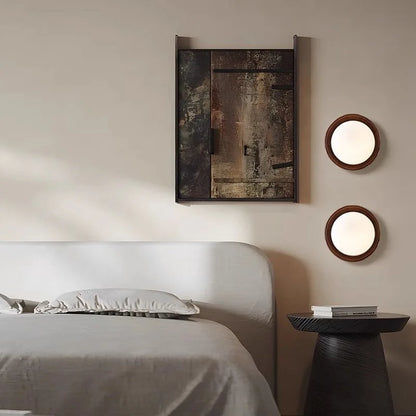 Wooden Wall Light | Round Milky Glass & Wood Wall Lamp for Bedside, Hallway & Stairs | 3 Colour Temperature LED G4, Walnut or Natural, Ø17.5cm