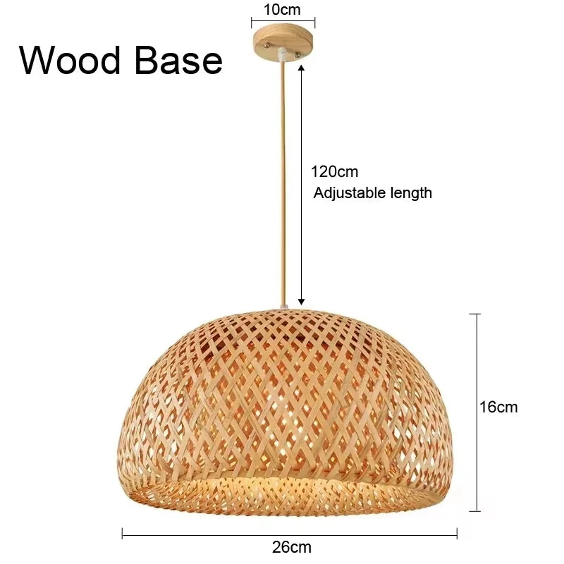 Bamboo dome pendant light with wood base, 26cm wide by 18cm high
