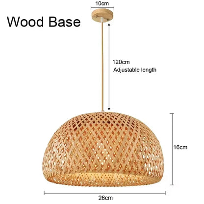 Bamboo dome pendant light with wood base, 26cm wide by 18cm high