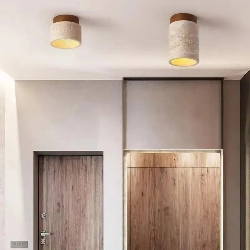 Wood Ceiling Light | Travertine & Walnut LED Downlight for Hallway, Porch & Living Room | Japandi Surface Mounted Spotlight E27, Tall or Short