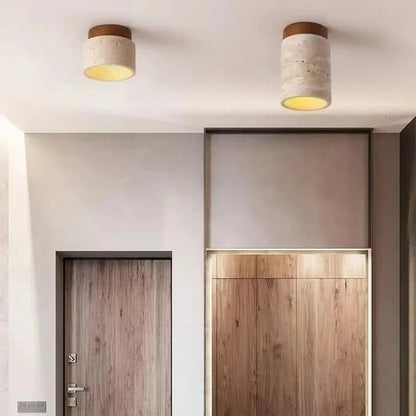 Wood Ceiling Light | Travertine & Walnut LED Downlight for Hallway, Porch & Living Room | Japandi Surface Mounted Spotlight E27, Tall or Short