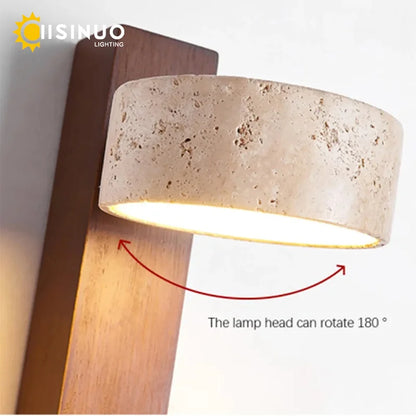 Wall Light | Travertine Stone Bedside Wall Lamp with Pull Cord for Bedroom, Hallway & Living Room | Rotating Wabi Sabi Sconce, Walnut or Natural Wood