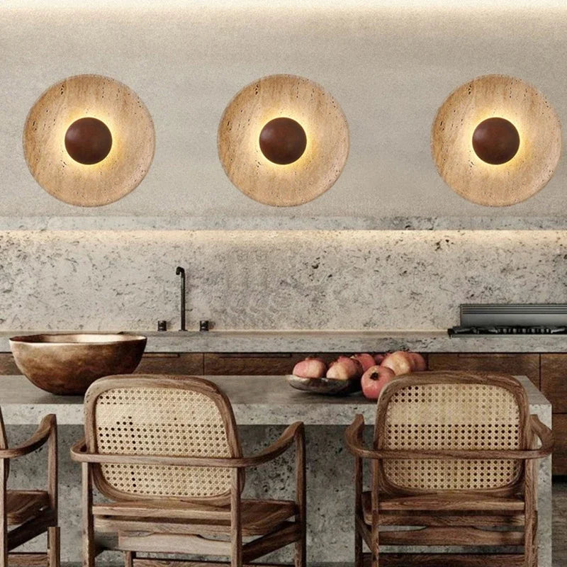 Stone Wall Light | Natural Travertine Sconce with Wood Arm for Bedroom, Hallway & Stairs | Wabi Sabi Bedside Wall Lamp Ø25cm, Warm LED