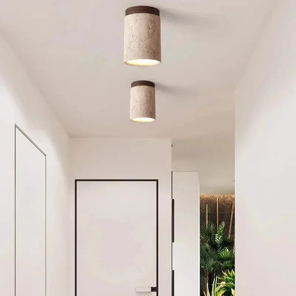 Wood Ceiling Light | Travertine & Walnut LED Downlight for Hallway, Porch & Living Room | Japandi Surface Mounted Spotlight E27, Tall or Short