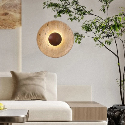 Stone Wall Light | Natural Travertine Sconce with Wood Arm for Bedroom, Hallway & Stairs | Wabi Sabi Bedside Wall Lamp Ø25cm, Warm LED