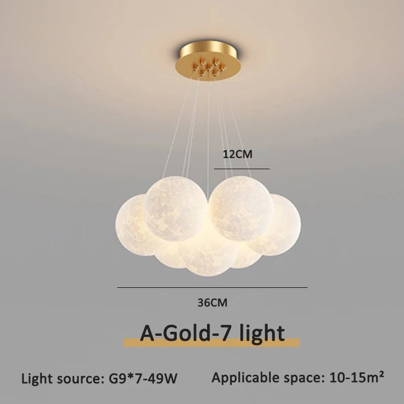 Gold flush mount moon chandelier, 7 moons with 12cm globes, 36cm cluster