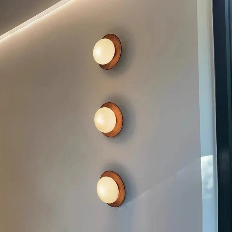 Wooden Wall Light | Round Milky Glass & Wood Wall Lamp for Bedside, Hallway & Stairs | 3 Colour Temperature LED G4, Walnut or Natural, Ø17.5cm