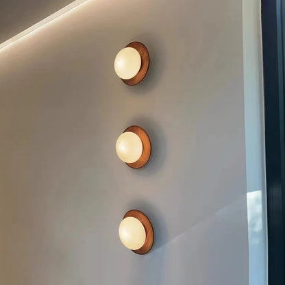Wooden Wall Light | Round Milky Glass & Wood Wall Lamp for Bedside, Hallway & Stairs | 3 Colour Temperature LED G4, Walnut or Natural, Ø17.5cm