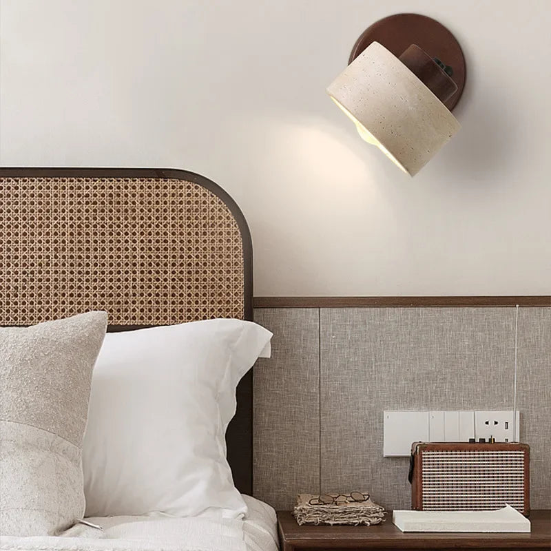 Stone Wall Light | Rotatable Yellow Cave Stone Reading Lamp with Switch for Bedside, Bedroom & Study | Wabi Sabi Wall Sconce, Walnut or Log Wood