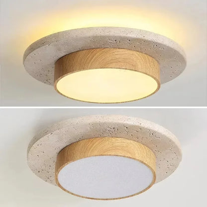 Flush Ceiling Light | Natural Stone & Wood Round Ceiling Lamp for Hallway, Bedroom & Living Room | Japandi Wabi Sabi LED D22cm, Yellow or Brown