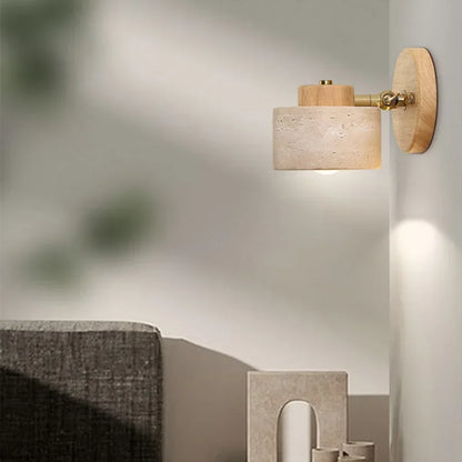 Stone Wall Light | Rotatable Yellow Cave Stone Reading Lamp with Switch for Bedside, Bedroom & Study | Wabi Sabi Wall Sconce, Walnut or Log Wood