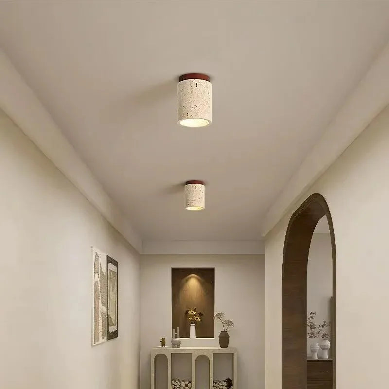 Wood Ceiling Light | Travertine & Walnut LED Downlight for Hallway, Porch & Living Room | Japandi Surface Mounted Spotlight E27, Tall or Short