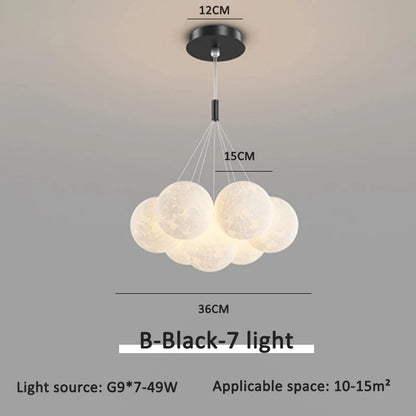 Black drop rod moon chandelier, 7 moons with 15cm globes, 36cm cluster