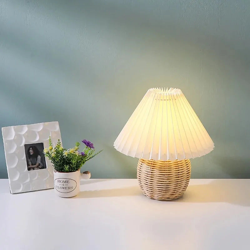 Rattan Table Lamp | Boho Rattan Ball Bedside Lamp with Pleated Fabric Shade for Bedroom, Living Room & Nursery | USB, Warm White or 3-Colour