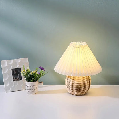 Rattan Table Lamp | Boho Rattan Ball Bedside Lamp with Pleated Fabric Shade for Bedroom, Living Room & Nursery | USB, Warm White or 3-Colour
