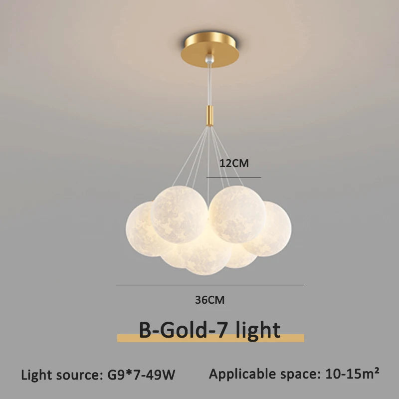 Gold drop rod moon chandelier, 7 moons with 12cm globes, 36cm cluster
