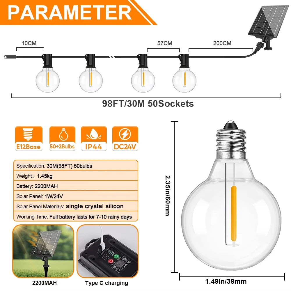 Solar Festoon Lights | G40 Globe Outdoor String Lights with Remote