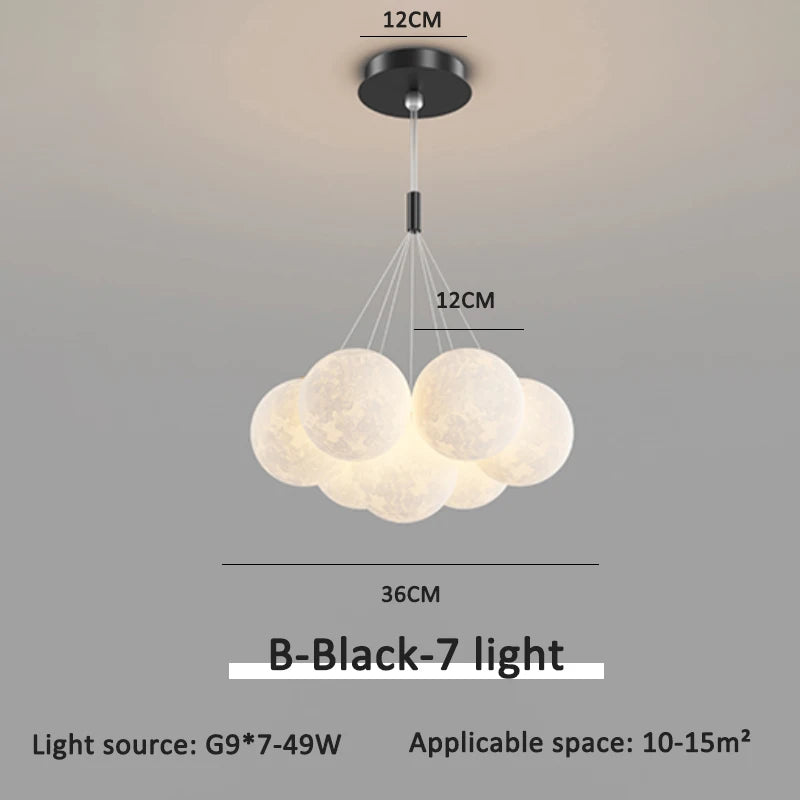 Black drop rod moon chandelier, 7 moons with 12cm globes, 36cm cluster