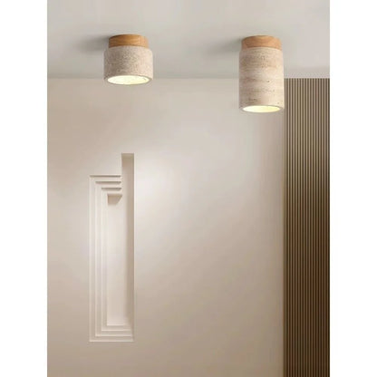 Wood Ceiling Light | Travertine & Walnut LED Downlight for Hallway, Porch & Living Room | Japandi Surface Mounted Spotlight E27, Tall or Short
